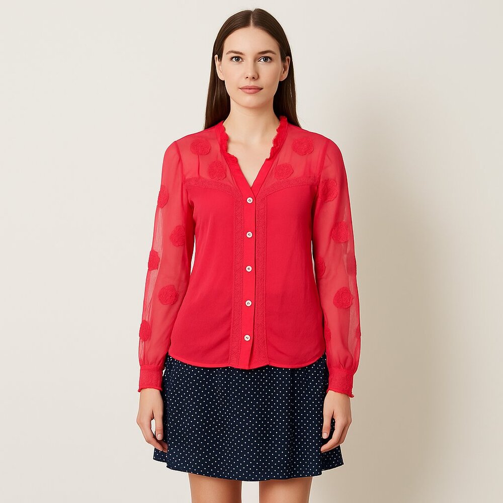 Women's Anthropologie Meadow Rue Red Sheer Lace Button Down Top size Small NWOT